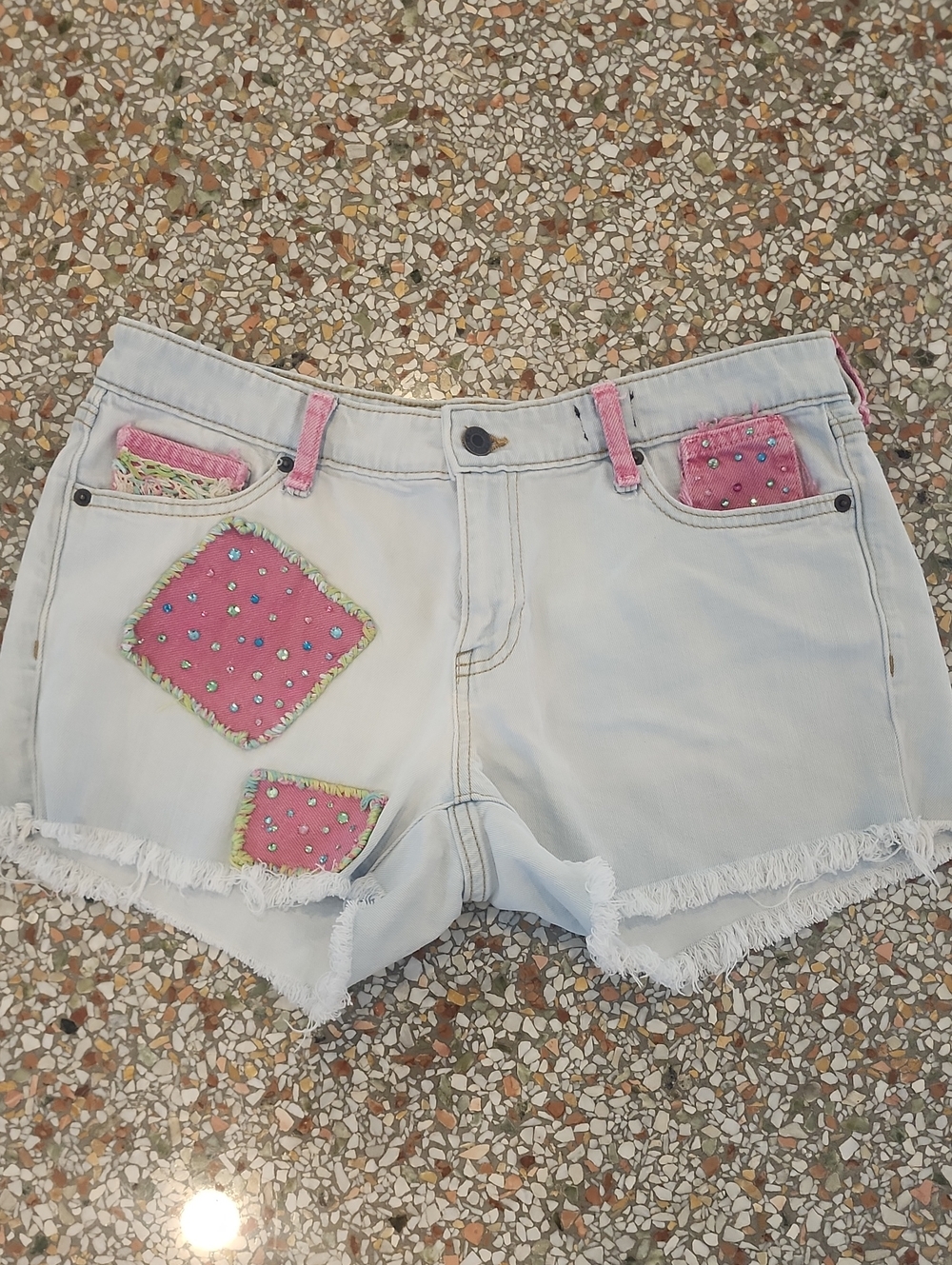 GAP Light Wash Denim Shorts with Pink Patch Embellishments